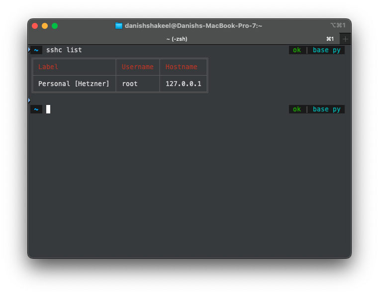 sshc list command and its output on shell.